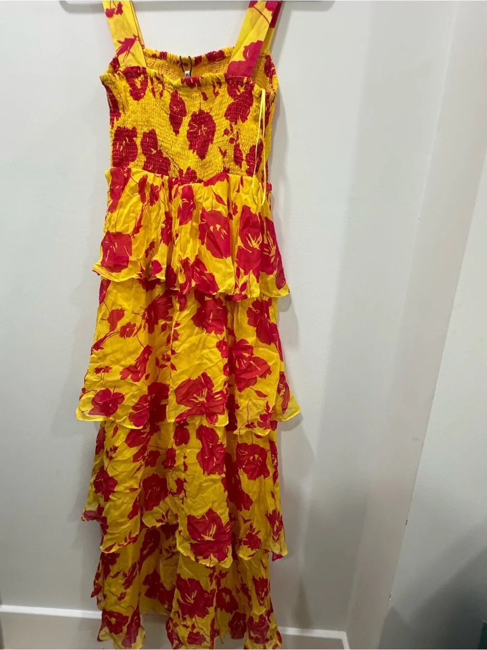 Ro&Zo Yellow+Cerise Floral Strappy Tiered Lined Chiffon Maxi Dress SZ 14UK 10US